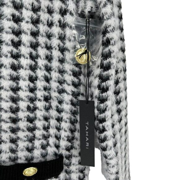 Tahari Houndstooth Eyelash V-Neck Button Up Cardigan Sweater Soft White Black XS - Picture 5 of 10